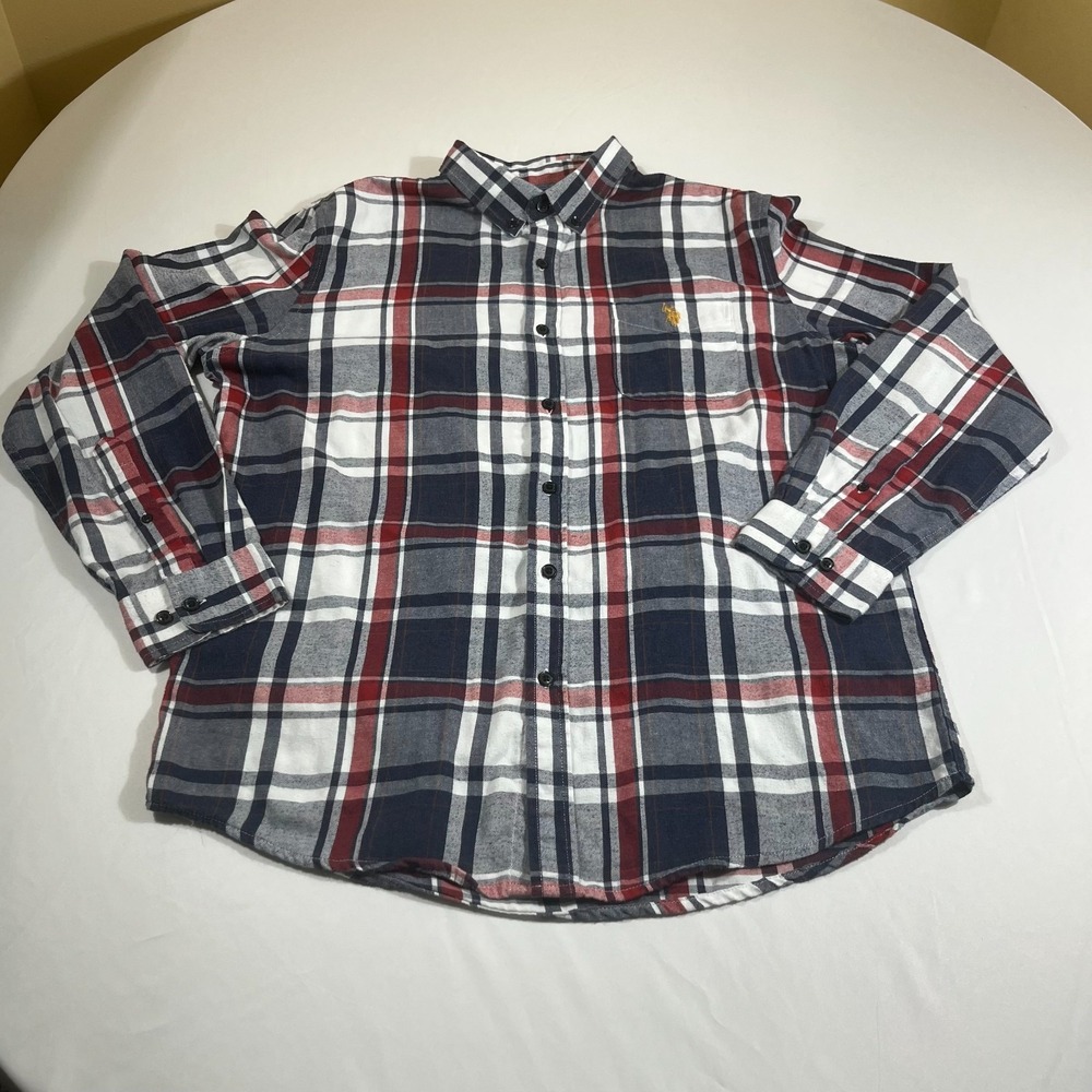 US Polo Assn Men Large Plaid Button Down Shirt Red Blue Long Sleeve Flannel